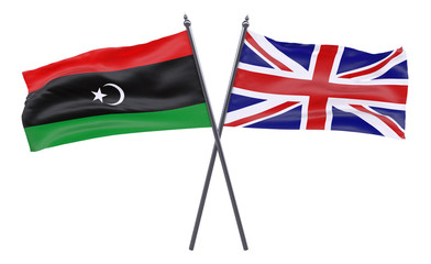 Libya and United Kingdom, two crossed flags isolated on white background. 3d image