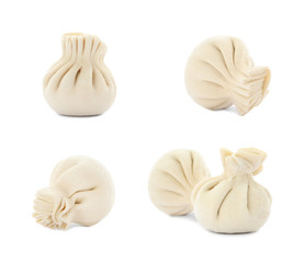 Set of delicious raw dumplings on white background
