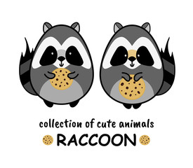 Funny cute raccoon. Flat cartoon style isolated on background. Love animal couple