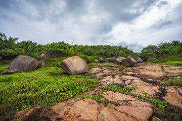 Rough and wild rocky coastline at anse songe, la digue, seychelles 20
