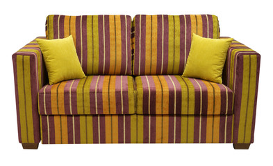 Colorful striped sofa isolated on white background. On the couch yellow decorative pillows. Full face