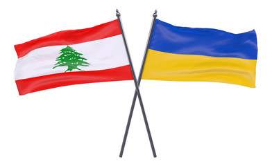 Lebanon and Ukraine, two crossed flags isolated on white background. 3d image