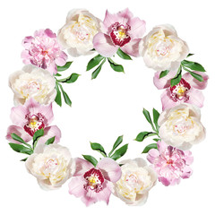 Beautiful flower circle of peonies and orchids. Isolated