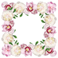 Beautiful flower pattern of peonies and orchids. Isolate 