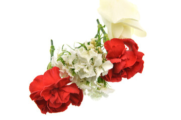 bouquet of red roses and carnations  isolated on white background
