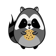 Flat animal element for design, icon, character. American raccoon boy with oat cookies isolated on white background