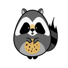 Flat animal element for design, icon, character. American raccoon girl with oat cookies isolated on white background