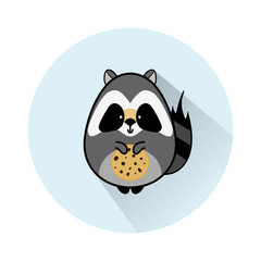Vector cartoon illustration of girl raccoon with cookie. Blue round background with long shadow. Flat style icon element for design. Cute  forest, wild animal