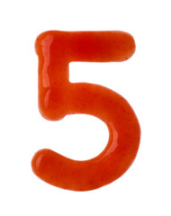 Number 5 written with red sauce on white background