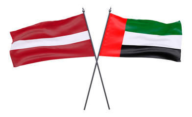 Latvia and United Arab Emirates, two crossed flags isolated on white background. 3d image