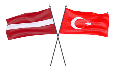 Latvia and Turkey, two crossed flags isolated on white background. 3d image