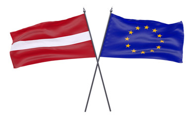 Latvia and European Union, two crossed flags isolated on white background. 3d image