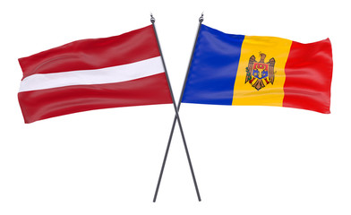 Latvia and Moldova, two crossed flags isolated on white background. 3d image