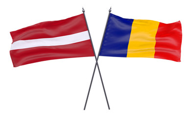 Latvia and Romania, two crossed flags isolated on white background. 3d image