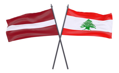 Latvia and Lebanon, two crossed flags isolated on white background. 3d image