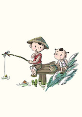 two ancient chinese kids fishing