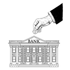 Vector Drawing of Hand of Businessman Putting Coin in Classic Bank Building