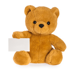 toy bear holding empty board isolated white background