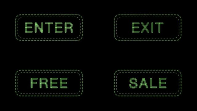 Four neon signs (Enter, Exit, Free, Sale) flashing green on a black background. Looped animation.