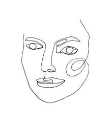 Portrait of fashion woman. One flowing continuous line.  Black linear drawing of female person.