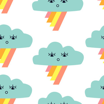 Seamless pattern with graphic cartoon clouds and rainbow. Childish poster with cute character.
