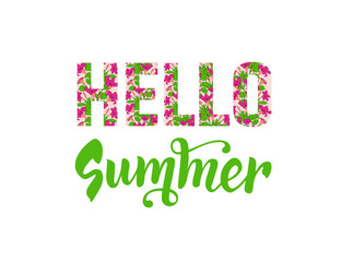 Hello summer lettering. Floral text. Isolated inscription with flower pattern