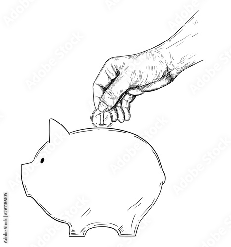 Vector Drawing Of Hand Putting Coin In Piggy Bank Stock - 