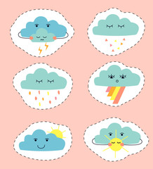 Drawing of clouds in the form of stickers. Set of cute cartoon clouds: rain cloud; thunder cloud; cloud witn sun; cloud with rainow. Art can be used for children books, printing, wallpaper.