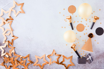 Party, carnival, festival and birthday gold background with balloon, colorful party streamers and confetti. Top view and flat lay of border on a white background with copy space