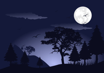 full moon and tree silhouette at night
