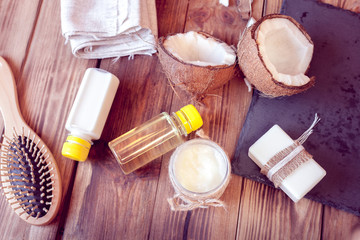 Fototapeta na wymiar set of coconut products for hair care and body