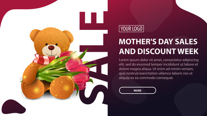 Mother's day sales and discount week, maroon modern horizontal discount banner with a modern texture shape-liquid and Teddy bear with a bouquet of tulips