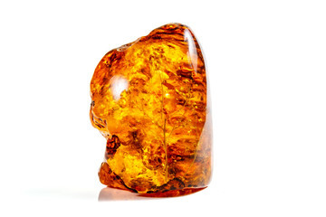 Macro stone mineral amber with insects, flies and beetles on a white background close up