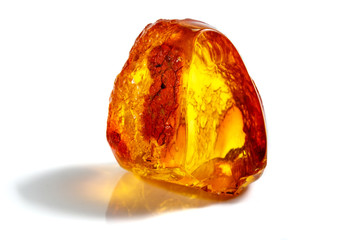 Macro stone mineral amber with insects, flies and beetles on a white background close up