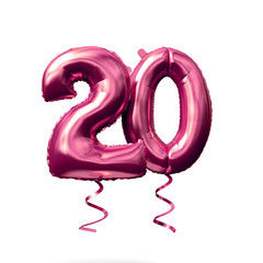 Number 20 rose gold helium balloon isolated on a white background. 3D Render