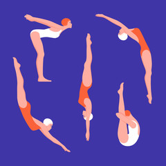 Set of women in swimwear in various poses. Jumping into the water and swimming in the pool. Water sports. Vector flat illustration