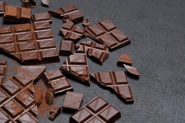 Dark or milk organic chocolate pieces and cocoa powder on dark concrete backgound