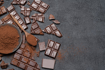 Dark or milk organic chocolate pieces and cocoa powder on dark concrete backgound