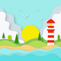 Obraz na płótnie Canvas Vector illustration of the ocean, beach, Lighthouse, hills with trees, clouds and the sun. Beautiful beach background. Paper art design. Vector