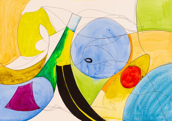 A modernist abstract watercolor painting, with added detail in pencil.