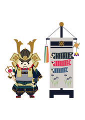 鎧武者。端午の節句のイメージ。 日本の季節のイラスト。 五月人形。こどもの日のイラスト素材。
