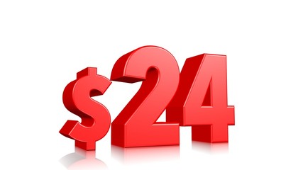 24$ price symbol. red text 3d  render with dollar sign on white background
