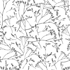 Seamless pattern. Plant in blossom, branch with flower ink sketch. Template for a business card, banner, poster, notebook, invitation, color book