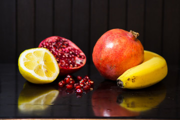Delicious pomegranate seeds. Juicy Ripe Red Granets or Garnets.  Closeup view of Grain Red Grenades.