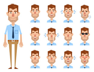 Big set of cheerful businessman emoticons. Set of man facial expressions. Happy, sad, laugh, smile, cry, shock, think, angry and other emotions. Flat vector illustration