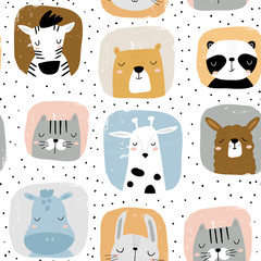 Seamless childish pattern with funny hand drawn animals portreits . Creative scandinavian kids texture for fabric, wrapping, textile, wallpaper, apparel. Vector illustration