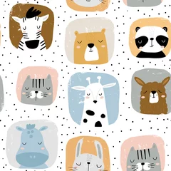 Vlies Fototapete Hunde Nahtloses kindisches Muster mit lustigen handgezeichneten Tieren portreits. Kreative skandinavische Kindertextur für Stoffe, Verpackungen, Textilien, Tapeten, Bekleidung. Vektor-Illustration