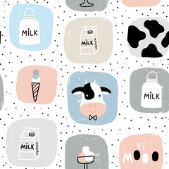 Seamless childish pattern with milk elements,cows on hand drawn shape . Creative scandinavian kids texture for fabric, wrapping, textile, wallpaper, apparel. Vector illustration