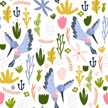 Seamless childish pattern with colorful collibri, flowers, leaf. Creative scandinavian floral texture for fabric, wrapping, textile, wallpaper, apparel. Vector illustration