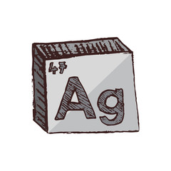 Vector three-dimensional hand drawn chemical gray silver symbol of silver or argentum with an abbreviation Ag from the periodic table of the elements isolated on a white background.